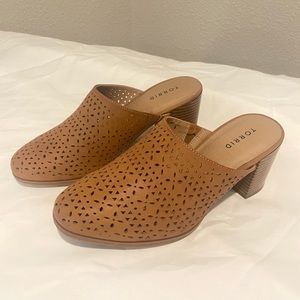 Cognac Leather Laser Cut Heel Mule Shoes